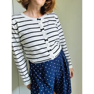 Womens Cardigan Sweater Black and White Striped Bows Size XL Demure Cute